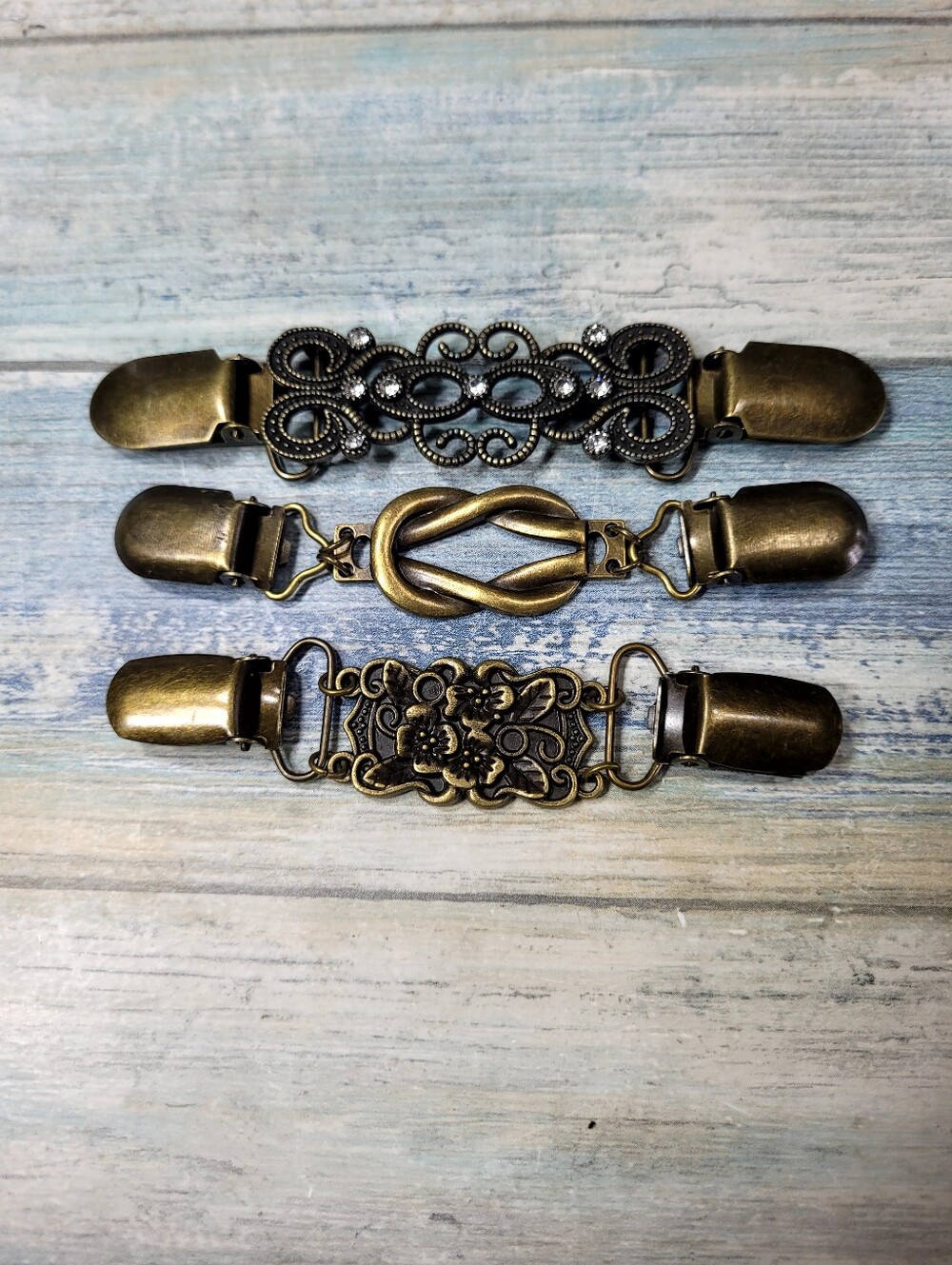 Antique Brass Cardigan Clips Set - Ornate Sweater Guards